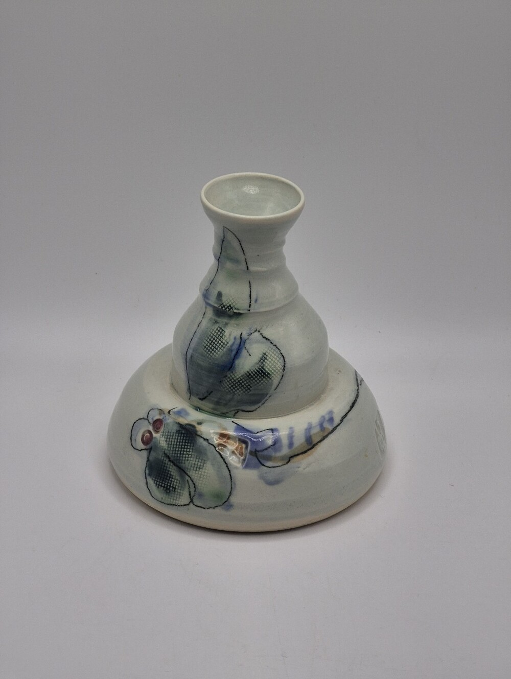 Artisan RENO Ceramic Vase OR Candlestick Holder in Soft White & Blue-Green
